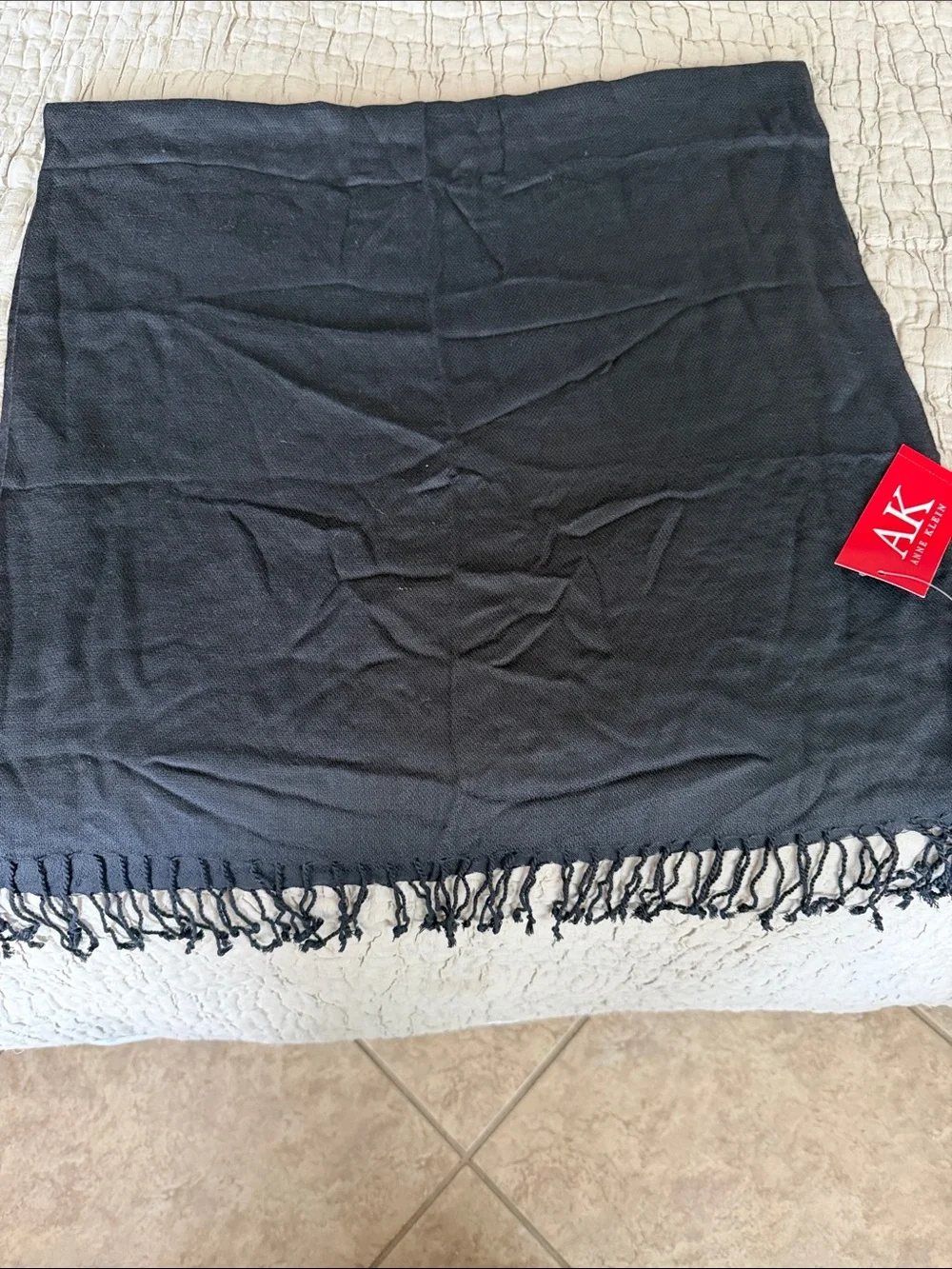 Anne Klein Black cashmere silk blend Scarf with fringe NWT